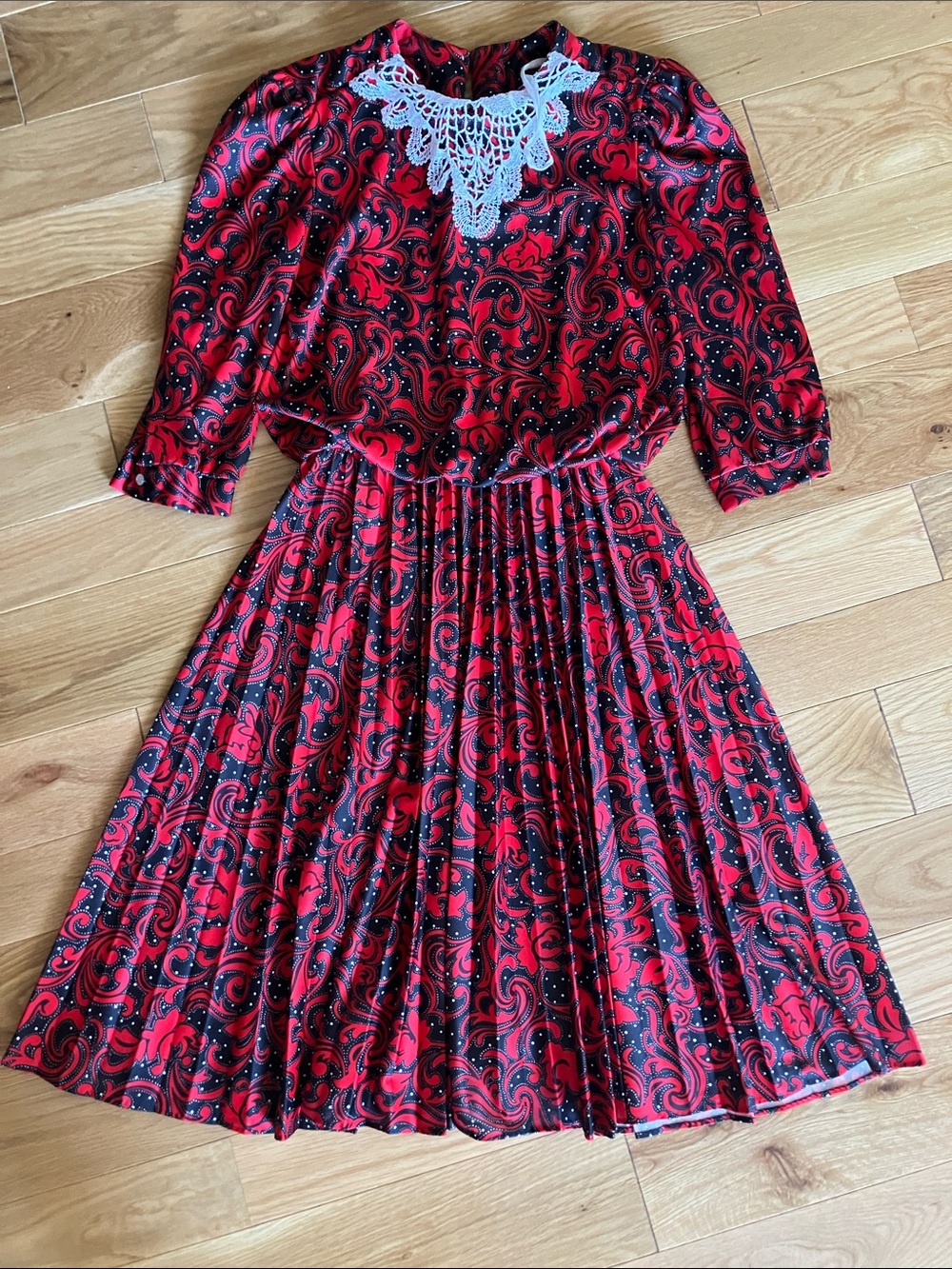 Red & Black Swirl Midi Dress with White Lace Yoke